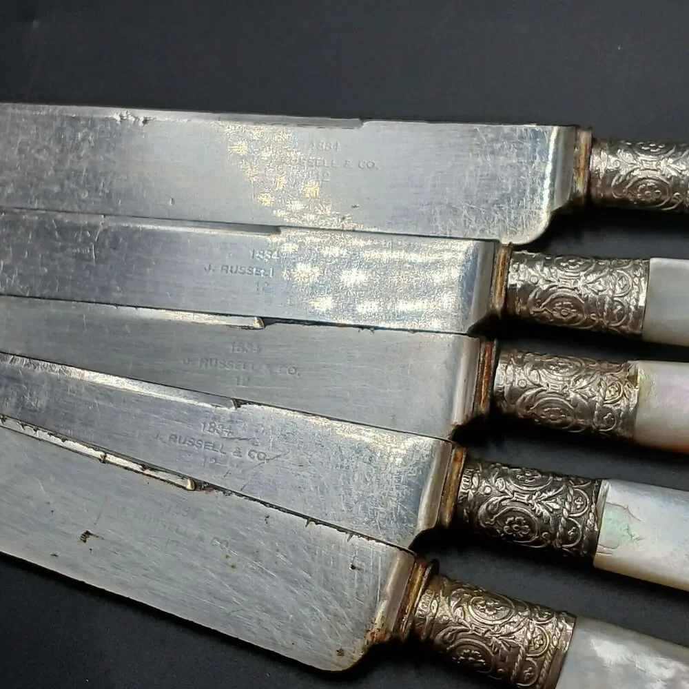 1834 J Russell & Co Knife 5pcs Silverplate Ferrule Blunt End MOP Antique Pearl
